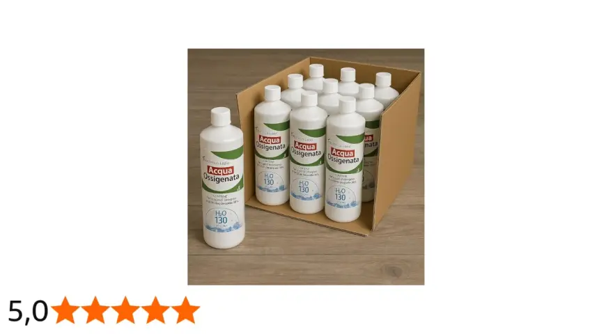 Scatola piena di flaconi di acqua ossigenata, ideale per sverniciare legno con acqua ossigenata.