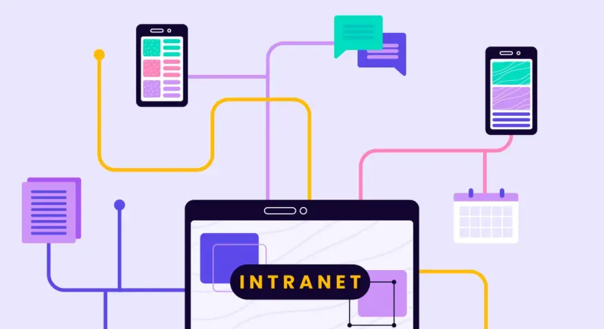 Ein Tablet zeigt "INTRANET". Smartphones, Dokumente, Chatblasen und ein Kalender sind verbunden.