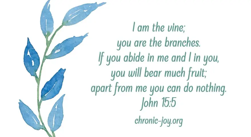 Watercolor blue leaves on a stem, with text from John 15:5: "If you abide in me and I in you, you will bear much fruit.