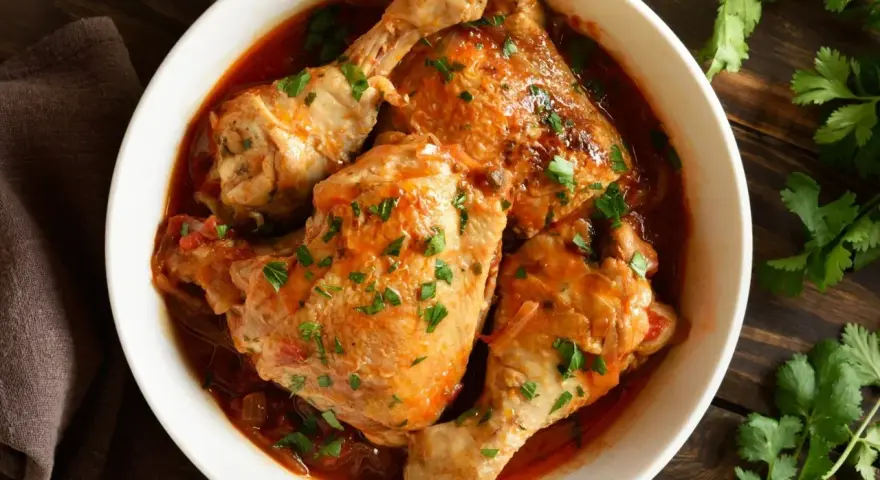 Soczyste kawałki kurczaka w aromatycznym, pomidorowym sosie, posypane świeżą natką pietruszki. Pyszny filet z kurczaka w sosie, gotowy do podania.