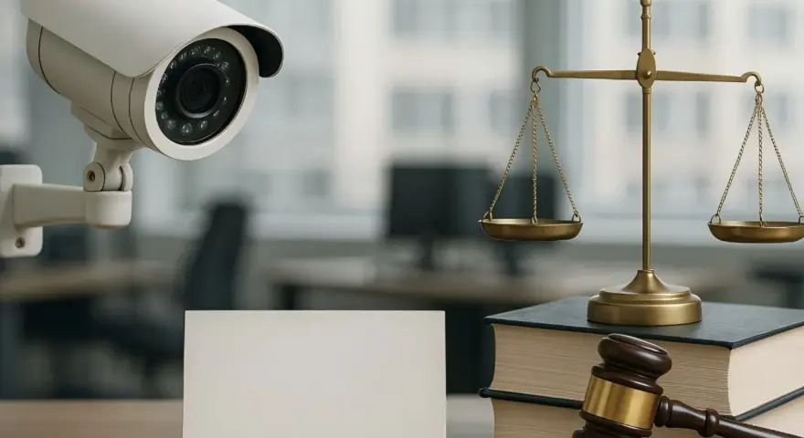 Caméra de surveillance, balance de la justice et marteau d'avocat sur un bureau. La jurisprudence en matière de caméra surveillance travail est complexe.
