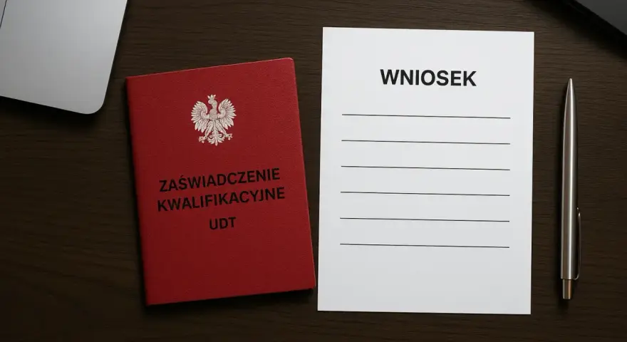 Czerwona książeczka z orłem i napisem "Zaświadczenie Kwalifikacyjne UDT" obok formularza "Wniosek" i długopisu. Przygotowanie do przedłużenia uprawnień UDT.