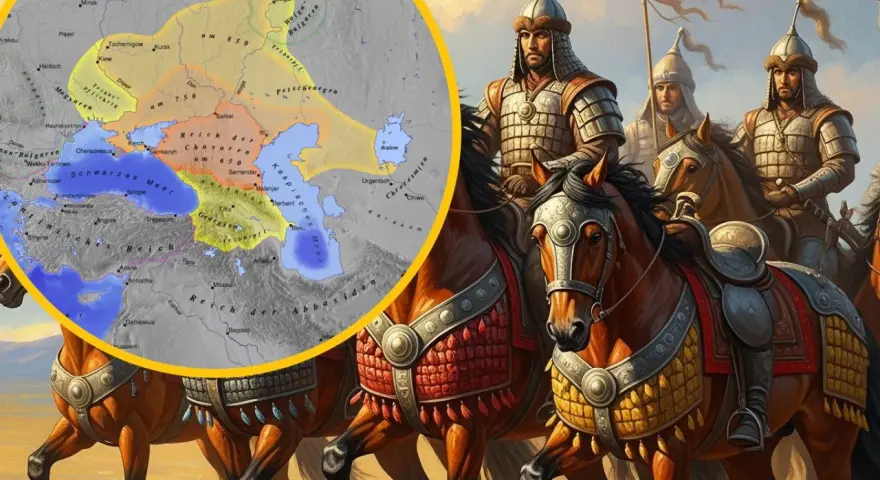 Jazda konna w zbrojach, obok mapa ukazująca zasięg państwa Chazarów w IX wieku.