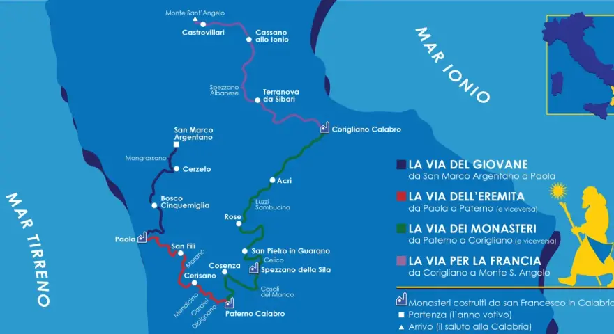 Mappa del cammino di San Francesco in Calabria, con le vie del giovane, dell'eremita, dei monasteri e per la Francia.