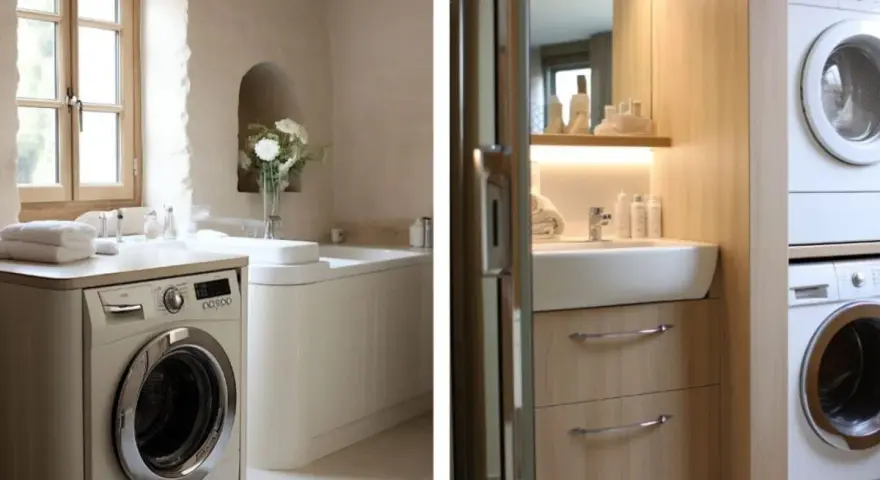 Salle de bain avec machine à laver, baignoire et lavabo. Une autre salle de bain présente une machine à laver empilée.