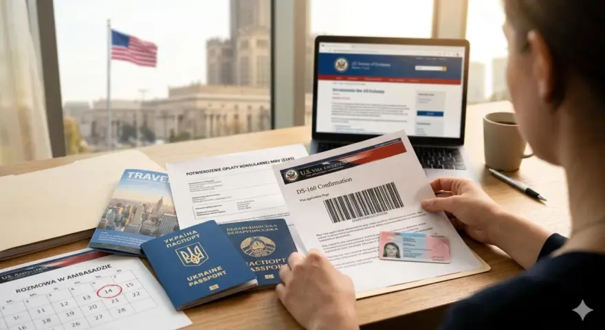 Przygotowanie do rozmowy o wizę do USA: paszporty, formularz DS-160 i kalendarz z zaznaczoną datą.