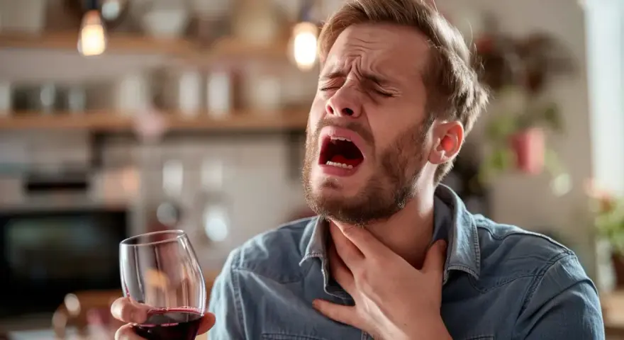 Mężczyzna z bólem gardła, trzymający kieliszek wina. Czuje nieprzyjemną zgagę po alkoholu.
