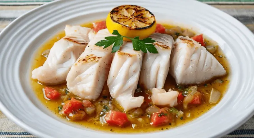 Filetes de pescado blanco, con tomate y limón asado, listos para ser disfrutados. ¡Un pez ballesta se come así de bien!