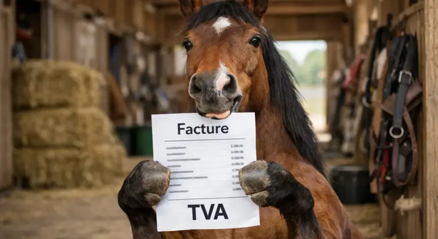 Un cheval tient une facture avec la mention "TVA". Il semble s'interroger sur la réglementation pension pour chevaux.