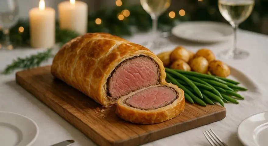Un magnifique filet mignon en croûte, prêt à être dégusté, accompagné de pommes de terre rôties et de haricots verts. L'ambiance est festive avec des bougies et des lumières scintillantes.