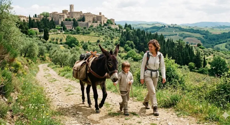 Una donna e un bambino camminano su sentieri Val d'Orcia con un asino carico, sullo sfondo un borgo medievale.