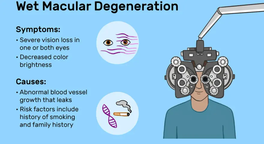 Illustrazione sulla degenerazione maculare umida, con sintomi e cause. Un occhio stilizzato mostra visione offuscata, un altro fumo e DNA. Un uomo con un forottero per un esame della vista.