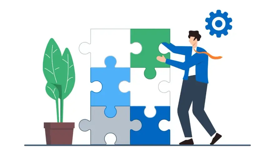 Biznesmen układa puzzle, tworząc spójny układ konsumencki. Obok rośnie roślina, symbolizująca rozwój.