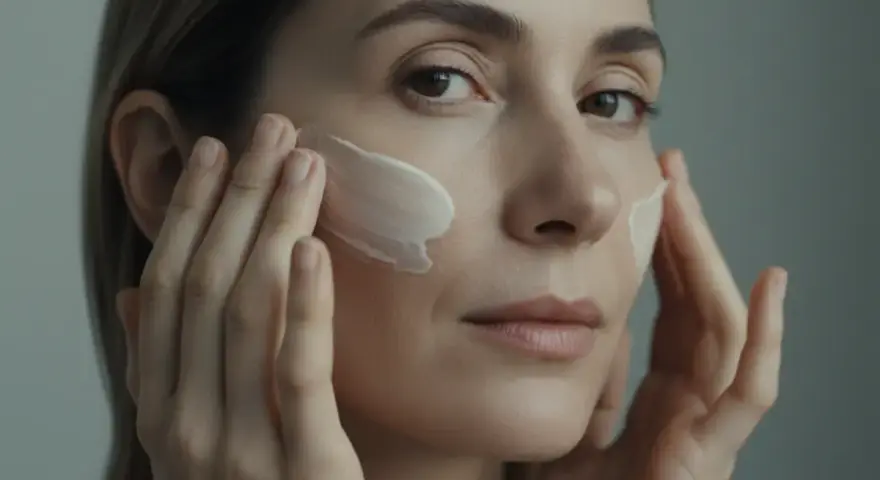 Une femme applique une crème sur son visage, étape essentielle du démaquillage. Ses doigts doux étalent le produit pour une peau nette et douce.