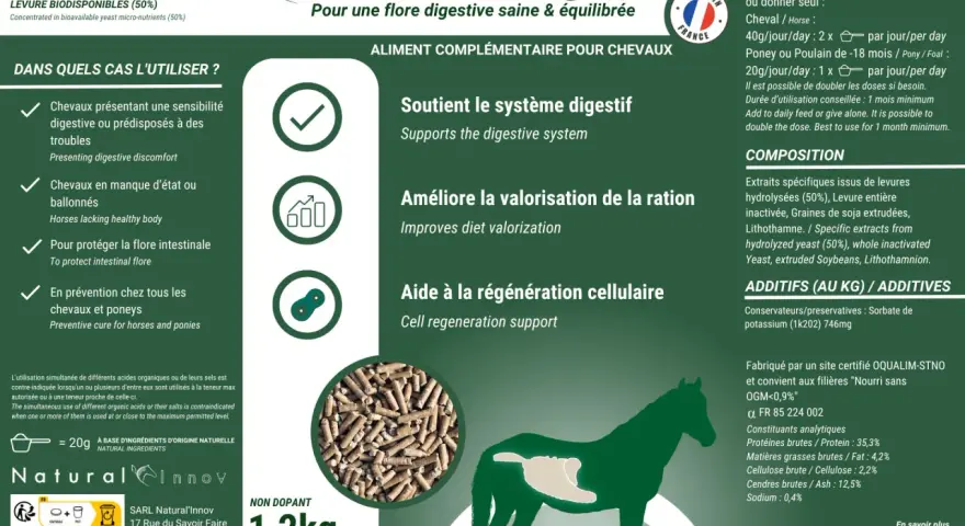 Aliment complémentaire pour chevaux, Natural'Digest, soutient le système digestif. Non dopant, 1,2kg.