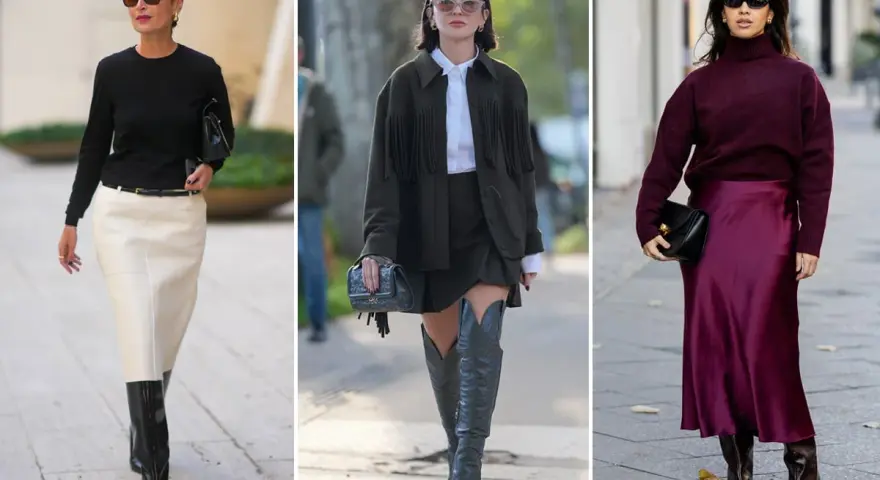 Tre donne sfoggiano un outfit gonna e stivali alti: uno con gonna bianca e stivali neri, uno con gonna verde e stivali texani, e uno con gonna di raso bordeaux e stivali scuri.
