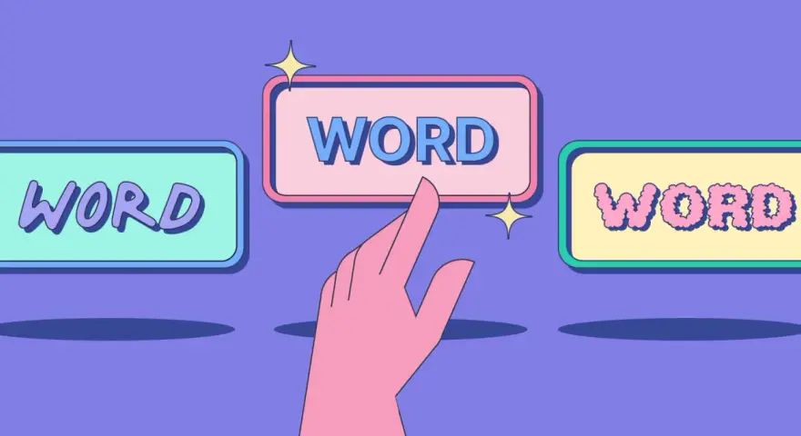 En hand pekar på en av tre rutor med ordet "WORD" i olika stilar. Ett visuellt sätt att välja rätt ord eller påpekar synonym.