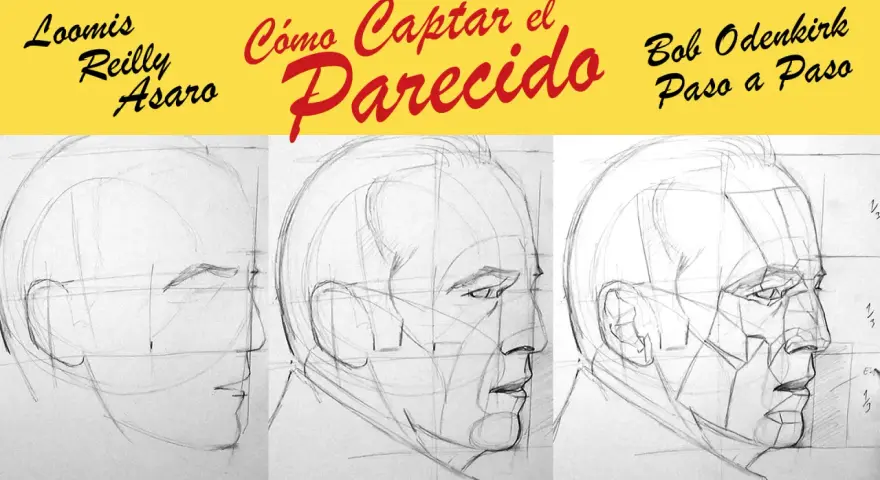 Tres etapas para dibujar hojas de rostros, mostrando la construcción geométrica y el detalle.