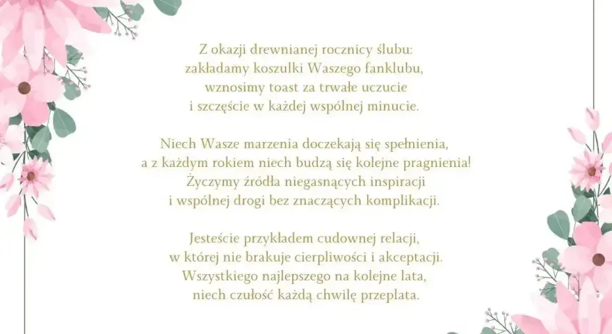 Wzruszające cytaty na rocznicę ślubu, otoczone delikatnymi, różowymi kwiatami. Życzenia miłości, spełnienia marzeń i wspólnej drogi.