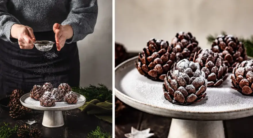 Schokoladen-Tannenzapfen-Kekse werden mit Puderzucker bestäubt. Ein festlicher Genuss, der an Tannenzapfen backen erinnert.