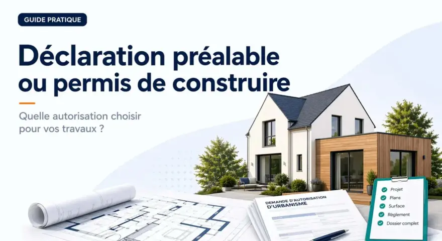 Guide pratique sur la déclaration préalable ou le permis de construire. Plans, maison moderne et formulaire d'urbanisme.