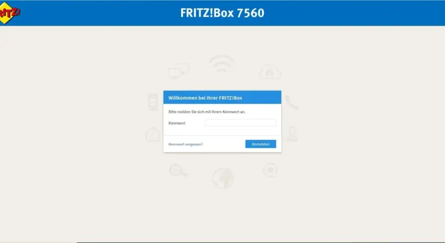 FRITZ!Box 7560 Login-Seite. Hier finden Sie Antworten auf häufige Fragen (FRITZ!Box FAQ) und können sich mit Ihrem Kennwort anmelden.