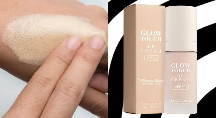 Testowanie, czy krem BB zatyka pory. Na dłoni aplikacja lekkiego podkładu Pierre René Glow Touch BB Cream SPF 50+.