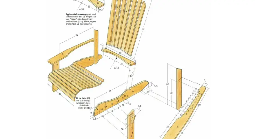 Detaljerad adirondackstol ritning med mått. Perfekt för dig som vill bygga en egen stol.