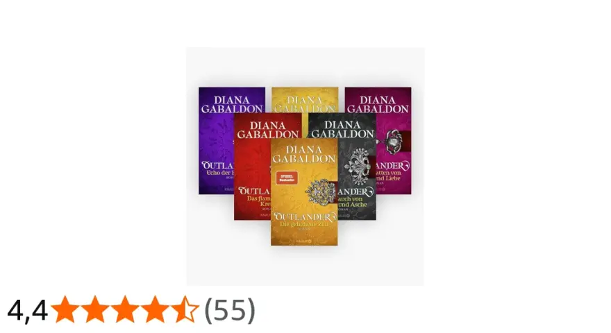 Mehrere Buchcover der Outlander-Reihe von Diana Gabaldon, teils mit Schmuckelementen.