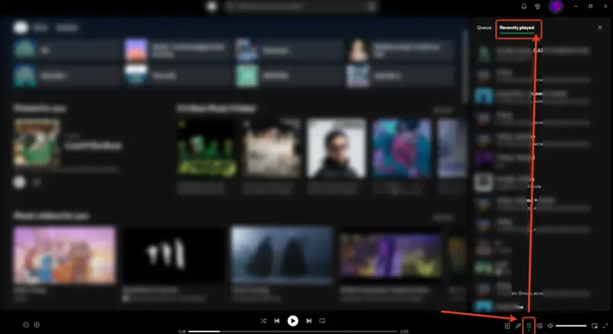 Spotify-Fenster mit hervorgehobener Liste "Recently played" (kürzlich abgespielt).
