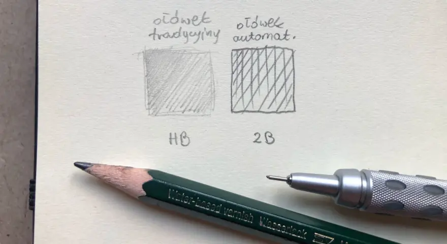 Porównanie ołówka tradycyjnego HB i automatycznego 2B. Rysunki pokazują różnicę w kryciu grafitu.