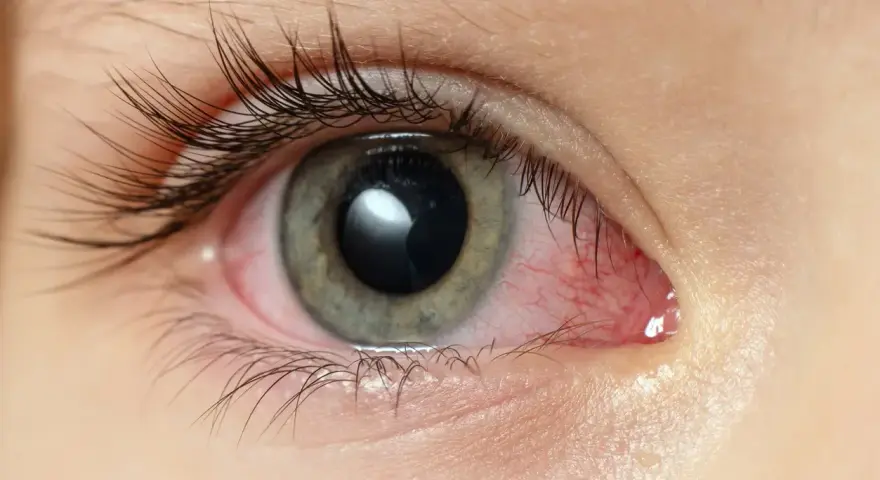 Occhio con congiuntivite, il cui significato è infiammazione. La sclera è arrossata e irritata.