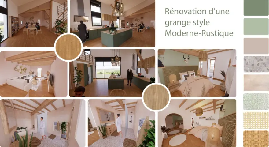 Ambiance chaleureuse et moderne-rustique pour votre maison. Inspiration pour une rénovation de grange avec des matériaux naturels et un design épuré.