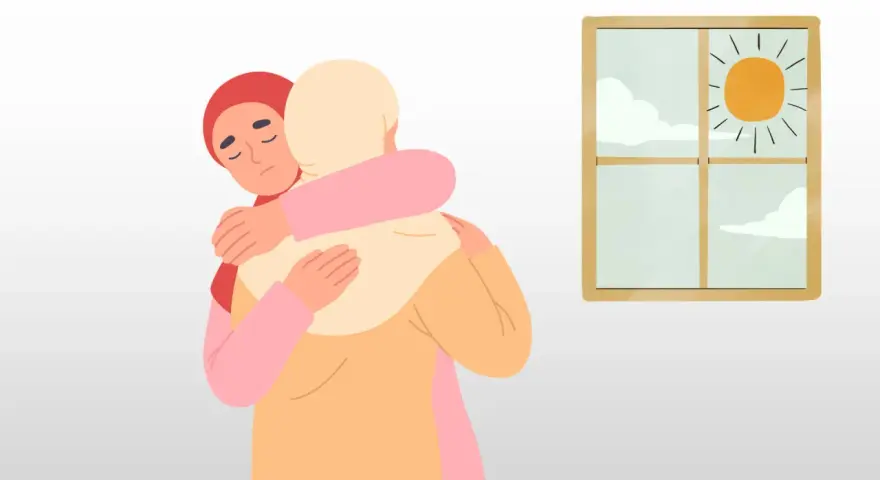 En ung person med depression kramar om någon. Utanför fönstret skiner solen.