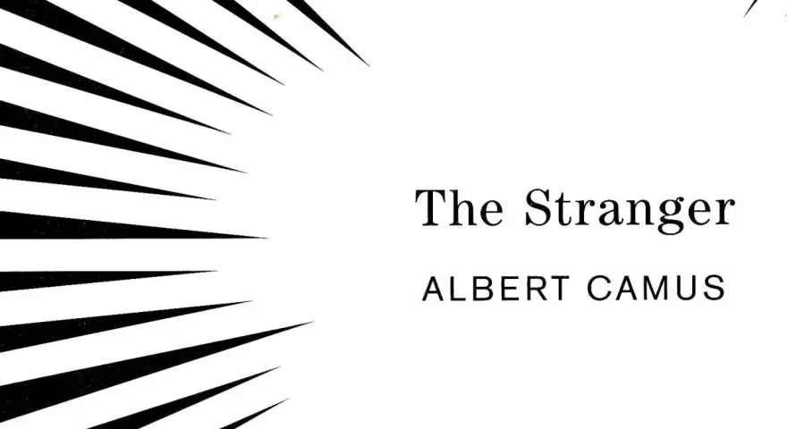 Abstrakte schwarze Linien auf weißem Hintergrund mit dem Titel "The Stranger" und "ALBERT CAMUS".