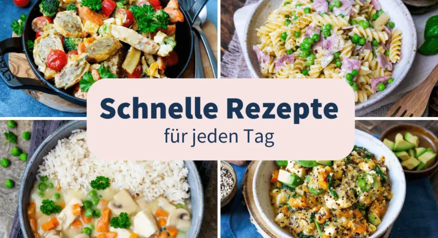 Vier bunte Gerichte: Gemüsepfanne, Nudeln mit Erbsen, Hähnchen mit Reis und Quinoa-Bowl. Perfekt für leichte Sommergerichte, die schnell zubereitet sind.