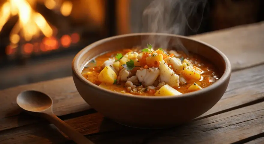 Un reconfortante plato de patatas con bacalao humeante, servido en un cuenco de madera junto a una chimenea crepitante.
