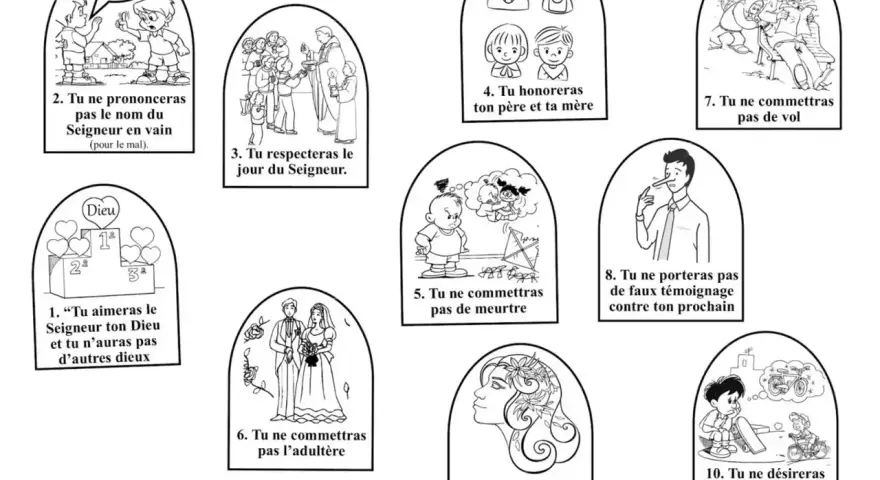 Ilustracje przedstawiające dziesięć przykazań w formie rysunków.