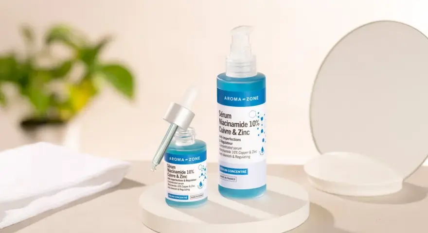 Deux flacons de sérum Aroma-Zone Niacinamide 10% Cuivre & Zinc, pour découvrir les niacinamide bienfaits sur la peau.