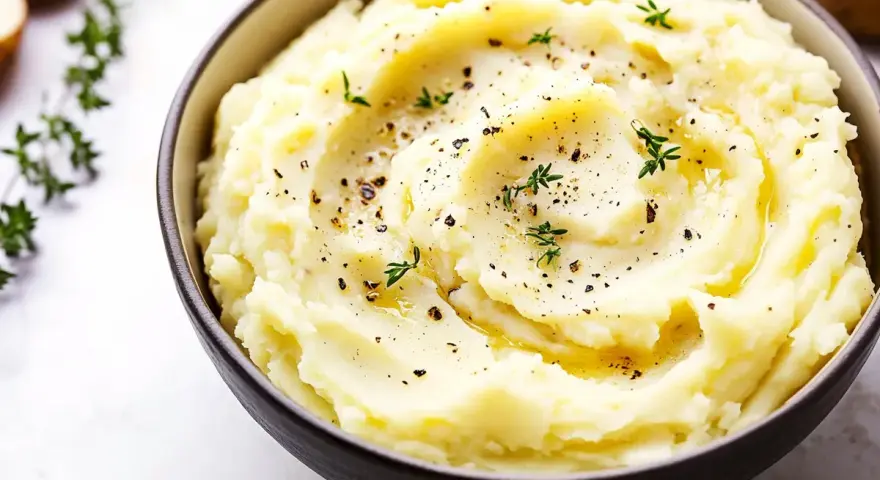 En skål med krämigt potatismos lyx, toppat med örter och peppar. Perfekt som tillbehör till middagen.