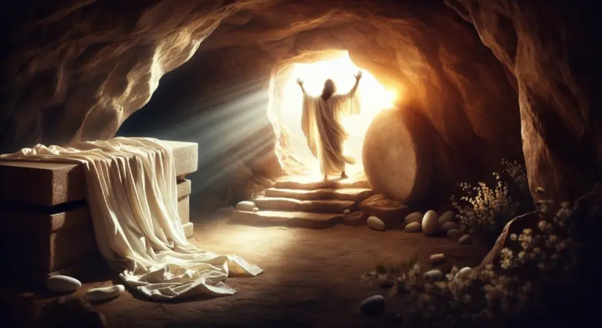 The resurrection of Jesus is depicted as a figure in white emerges from a tomb, arms raised to the light. An empty burial shroud lies on a stone slab.