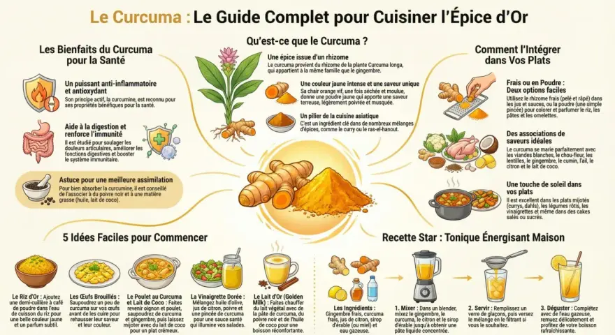 Guide complet pour cuisiner l'épice d'or : comment utiliser le curcuma en poudre pour colorer riz, pâtes, omelettes, et dans des recettes comme le poulet au lait de coco.