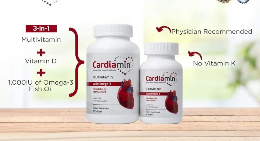 Cardiamin: 3-w-1 multivitamin z witaminą D i olejem rybim Omega-3. Polecany przez lekarzy, bez witaminy K.