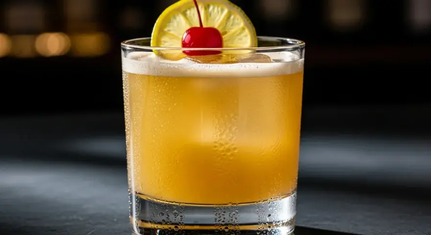 En sval amaretto sour med citronskiva och körsbär, perfekt för en avslappnad kväll.