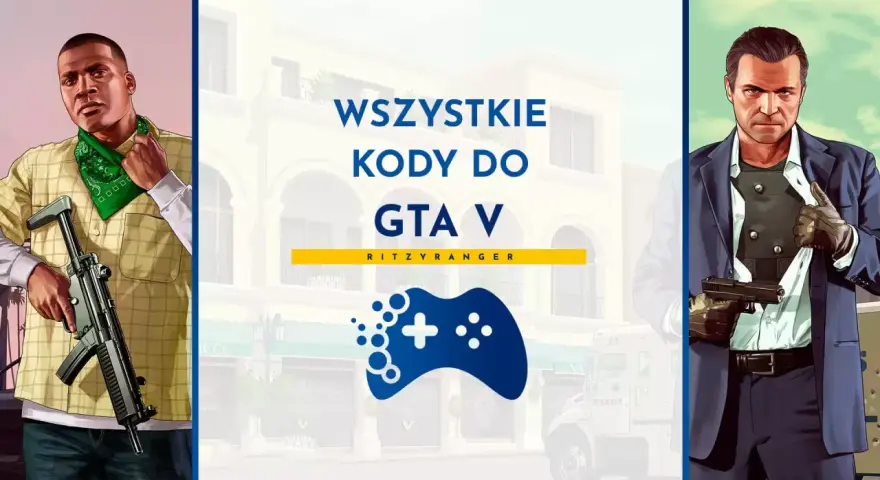 Postać z GTA V z bronią, obok napis "Wszystkie kody do GTA V PC".