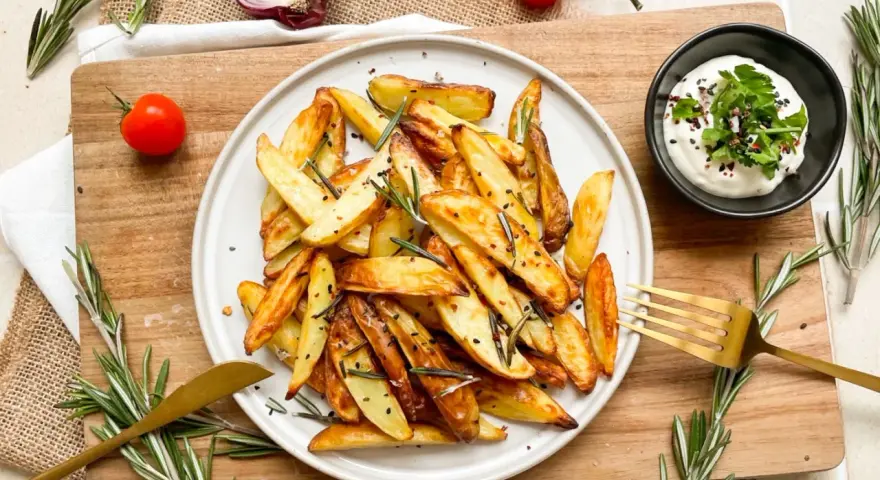 Knusprige rosmarinkartoffeln aus dem Airfryer, garniert mit frischem Rosmarin und Sesam. Dazu ein Dip.