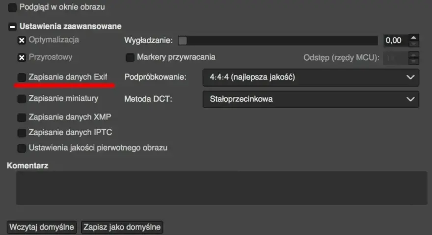 Ustawienia zaawansowane: Zapisanie danych Exif pozwala sprawdzić, kiedy było zrobione zdjęcie.