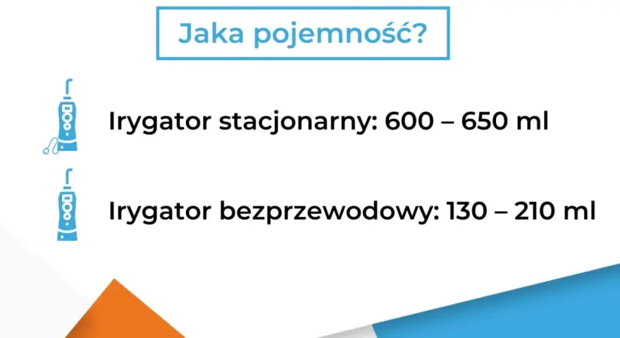 Jaka woda do irygatora? Pojemność zbiornika: stacjonarny 600-650 ml, bezprzewodowy 130-210 ml.