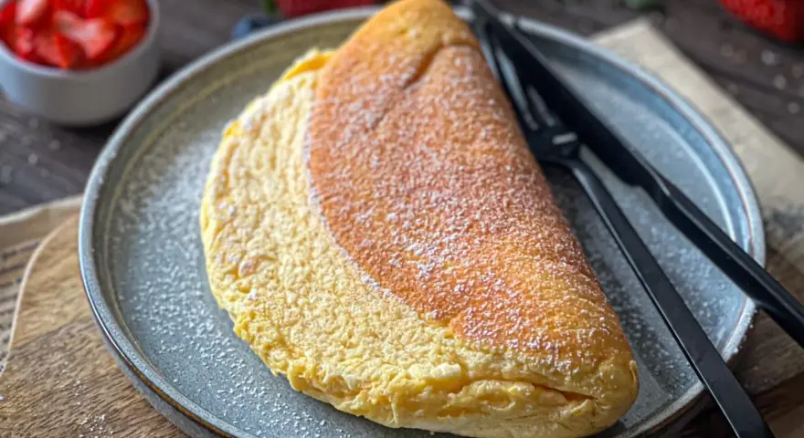 Puszysty omlet, lekko przyprószony cukrem pudrem, czeka na talerzu obok czarnych sztućców. W tle widać miseczkę z truskawkami.
