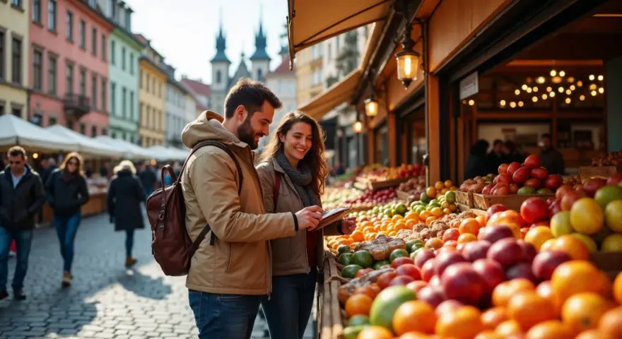 Para młoda sprawdza ceny w Czechach na targu z owocami. Kolorowe kamienice w tle.